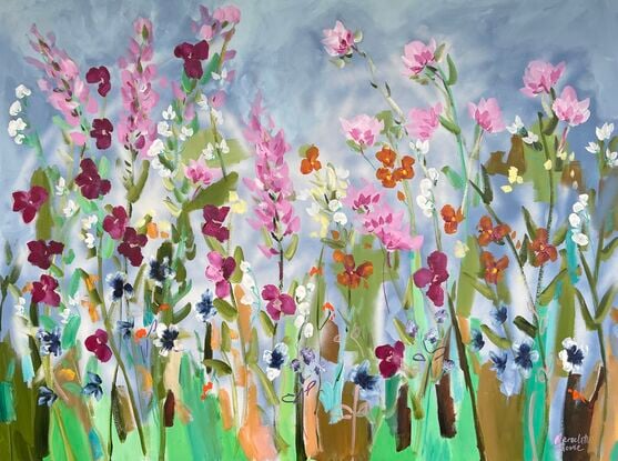 A colourful painting of flowers. Energetic and colourful.