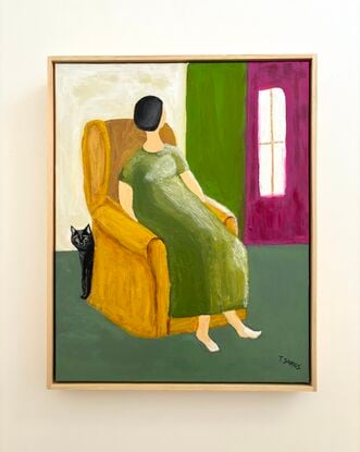 Interior abstract style painting of a lady or woman with short black hair with no features on her face, wearing a long green dress sitting in an ochre coloured wingback chair. There is a black cat peeking around from the back of the armchair. The walls behind alternate from creamy white to green to magenta. There is a white window in the magenta wall. The lady has bare feet. The floor is a  grey green colour. 