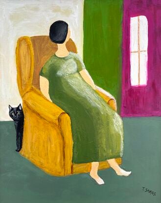 Interior abstract style painting of a lady or woman with short black hair with no features on her face, wearing a long green dress sitting in an ochre coloured wingback chair. There is a black cat peeking around from the back of the armchair. The walls behind alternate from creamy white to green to magenta. There is a white window in the magenta wall. The lady has bare feet. The floor is a  grey green colour. 