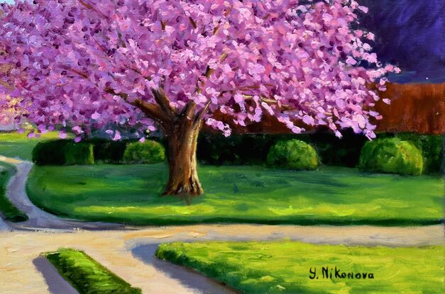 Landscape painting with blooming trees along an alley near a church in Spring Lake, New Jersey