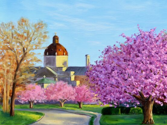 Landscape painting with blooming trees along an alley near a church in Spring Lake, New Jersey