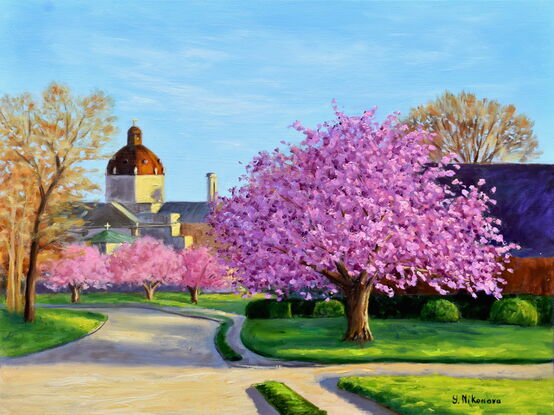 Landscape painting with blooming trees along an alley near a church in Spring Lake, New Jersey