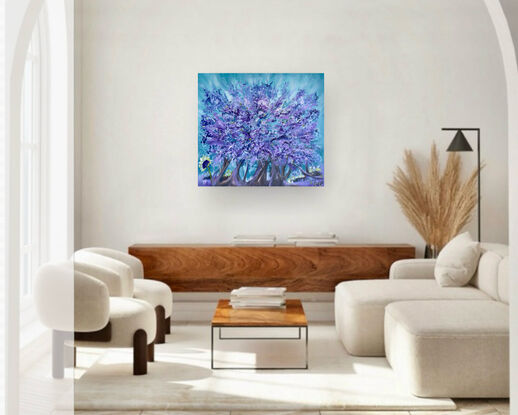 Introducing a captivating art piece available for sale: an exquisite jacaranda tree painting crafted with acrylic on a canvas measuring 76x61 cm gallery wrapped edges painted turquoise 
This mesmerising artwork portrays the elegance and allure of nature's beauty in the form of a magnificent jacaranda tree.
Purple white warm blue Turquoise’ light green foliage , brown tree trunks 
A mystical tree of natures love 
Comes with a certificate Of Authenticity 
Painting is varnished for protection 
