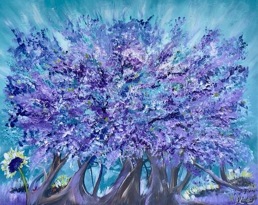 Introducing a captivating art piece available for sale: an exquisite jacaranda tree painting crafted with acrylic on a canvas measuring 76x61 cm gallery wrapped edges painted turquoise 
This mesmerising artwork portrays the elegance and allure of nature's beauty in the form of a magnificent jacaranda tree.
Purple white warm blue Turquoise’ light green foliage , brown tree trunks 
A mystical tree of natures love 
Comes with a certificate Of Authenticity 
Painting is varnished for protection 
