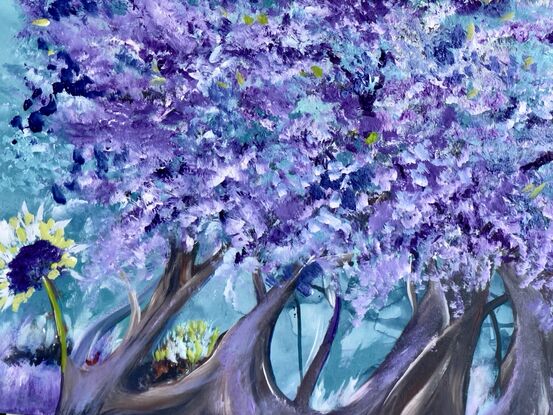 Introducing a captivating art piece available for sale: an exquisite jacaranda tree painting crafted with acrylic on a canvas measuring 76x61 cm gallery wrapped edges painted turquoise 
This mesmerising artwork portrays the elegance and allure of nature's beauty in the form of a magnificent jacaranda tree.
Purple white warm blue Turquoise’ light green foliage , brown tree trunks 
A mystical tree of natures love 
Comes with a certificate Of Authenticity 
Painting is varnished for protection 
