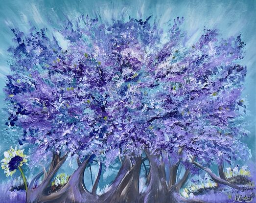 Introducing a captivating art piece available for sale: an exquisite jacaranda tree painting crafted with acrylic on a canvas measuring 76x61 cm gallery wrapped edges painted turquoise 
This mesmerising artwork portrays the elegance and allure of nature's beauty in the form of a magnificent jacaranda tree.
Purple white warm blue Turquoise’ light green foliage , brown tree trunks 
A mystical tree of natures love 
Comes with a certificate Of Authenticity 
Painting is varnished for protection 
