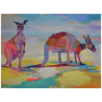 A colourful painting of two kangaroos.