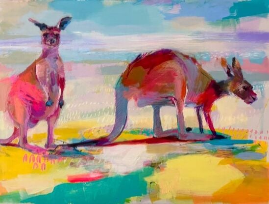 A colourful painting of two kangaroos.