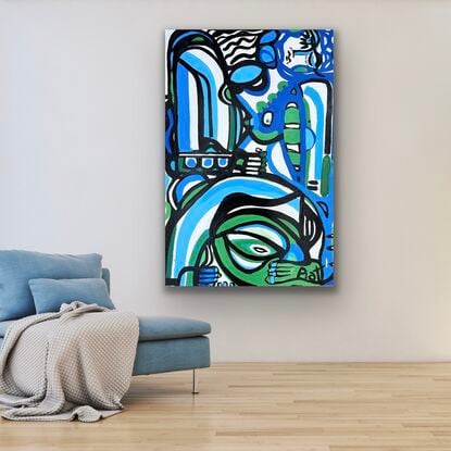 An abstract woman reclining dreaming of nature in blue