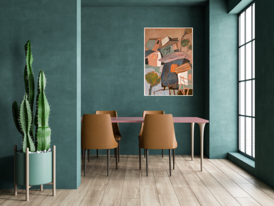 This image depicts an abstract painting featuring a variety of shapes and muted colours.  The flat perspective creates a sense of depth and structure through overlapping shapes and subtle colour transitions 