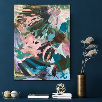 Gestural, abstract expressionist style painting in multi colours that alludes to a garden