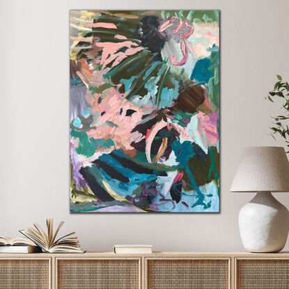 Gestural, abstract expressionist style painting in multi colours that alludes to a garden