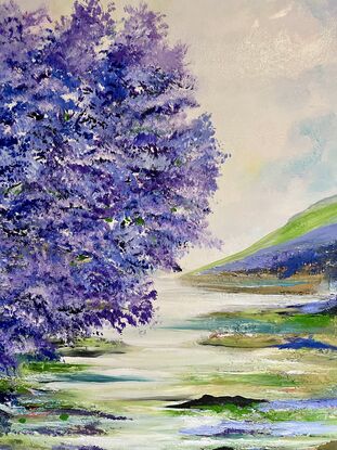 A serene impressionistic painting featuring a large Jacaranda Tree , an atmospheric cloudscape that stretches across the sky, creating a sense of depth and tranquility. The soft hues and gentle brushstrokes capture the essence of a peaceful moment by the sea, where the horizon meets the sky in a harmonious display of nature's beauty encouraging a moment of reflection and connection with the natural world.
Using acrylic texture on the canvas allowed me to bring out the vivid colours of cool blue and warm pink, capturing the tranquil essence of nature's cool blue palette. The interplay of these hues symbolizes the harmony and balance found in the natural world, evoking a sense of peace and tranquility. Through this painting, I aimed to convey the beauty and tranquility of untouched waters, inviting viewers to immerse themselves in the calming and soothing vibes of the artwork.
Comes with a certificate to f Authenticity 
This painting is painted on all sides ‘ 