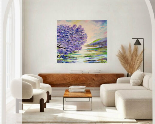 A serene impressionistic painting featuring a large Jacaranda Tree , an atmospheric cloudscape that stretches across the sky, creating a sense of depth and tranquility. The soft hues and gentle brushstrokes capture the essence of a peaceful moment by the sea, where the horizon meets the sky in a harmonious display of nature's beauty encouraging a moment of reflection and connection with the natural world.
Using acrylic texture on the canvas allowed me to bring out the vivid colours of cool blue and warm pink, capturing the tranquil essence of nature's cool blue palette. The interplay of these hues symbolizes the harmony and balance found in the natural world, evoking a sense of peace and tranquility. Through this painting, I aimed to convey the beauty and tranquility of untouched waters, inviting viewers to immerse themselves in the calming and soothing vibes of the artwork.
Comes with a certificate to f Authenticity 
This painting is painted on all sides ‘ 