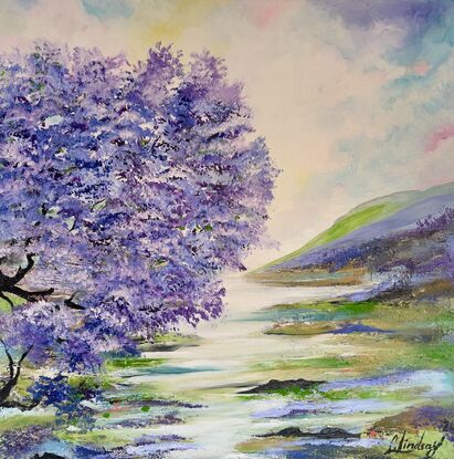 A serene impressionistic painting featuring a large Jacaranda Tree , an atmospheric cloudscape that stretches across the sky, creating a sense of depth and tranquility. The soft hues and gentle brushstrokes capture the essence of a peaceful moment by the sea, where the horizon meets the sky in a harmonious display of nature's beauty encouraging a moment of reflection and connection with the natural world.
Using acrylic texture on the canvas allowed me to bring out the vivid colours of cool blue and warm pink, capturing the tranquil essence of nature's cool blue palette. The interplay of these hues symbolizes the harmony and balance found in the natural world, evoking a sense of peace and tranquility. Through this painting, I aimed to convey the beauty and tranquility of untouched waters, inviting viewers to immerse themselves in the calming and soothing vibes of the artwork.
Comes with a certificate to f Authenticity 
This painting is painted on all sides ‘ 