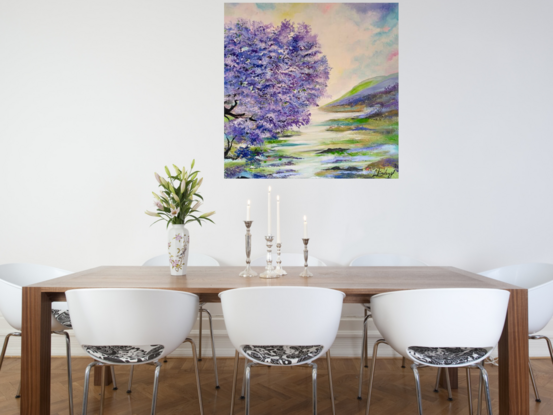 A serene impressionistic painting featuring a large Jacaranda Tree , an atmospheric cloudscape that stretches across the sky, creating a sense of depth and tranquility. The soft hues and gentle brushstrokes capture the essence of a peaceful moment by the sea, where the horizon meets the sky in a harmonious display of nature's beauty encouraging a moment of reflection and connection with the natural world.
Using acrylic texture on the canvas allowed me to bring out the vivid colours of cool blue and warm pink, capturing the tranquil essence of nature's cool blue palette. The interplay of these hues symbolizes the harmony and balance found in the natural world, evoking a sense of peace and tranquility. Through this painting, I aimed to convey the beauty and tranquility of untouched waters, inviting viewers to immerse themselves in the calming and soothing vibes of the artwork.
Comes with a certificate to f Authenticity 
This painting is painted on all sides ‘ 