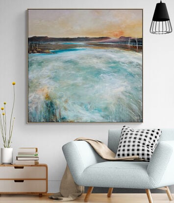 Coastal Kiss is a colourful modern abstract landscape with sunset sky, mountain range and swirling waves with texture and mark making. 