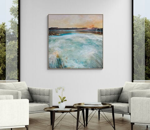 Coastal Kiss is a colourful modern abstract landscape with sunset sky, mountain range and swirling waves with texture and mark making. 