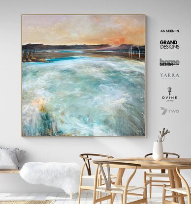 Coastal Kiss is a colourful modern abstract landscape with sunset sky, mountain range and swirling waves with texture and mark making. 