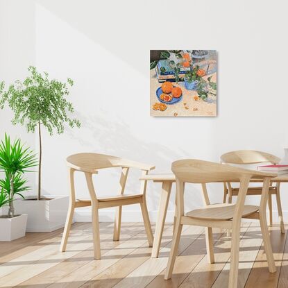 Composition with cooking books, plants, tableware and oranges