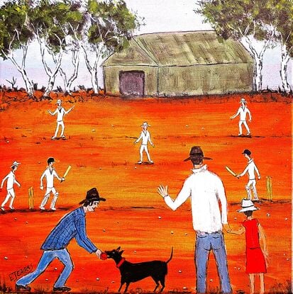 Depicts the farmer, son & daughter watching a game a cricket on their farm. Of course, doggy wants to have some fun too.
#cricket #farm #ejcairnsart #ejcairns #dog #australia 
