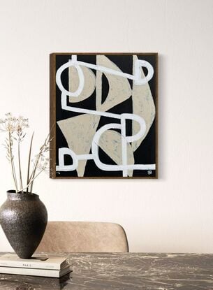 Abstract of textured beige shapes with white line drawing on black background with texture.