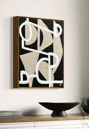 Abstract of textured beige shapes with white line drawing on black background with texture.