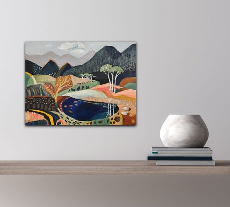 A whimsical decorative abstract landscape with  mountains, trees and rocks.
