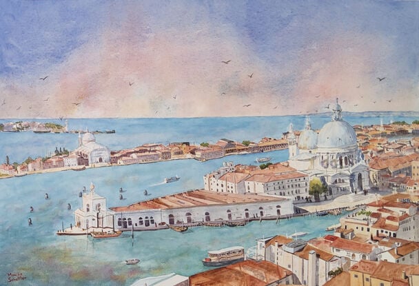 looking down on the city of Venice with it's architectural history, the red roofs and chimneys, the Santa María della Salute along the azure blues of the Grand Parade and beyond