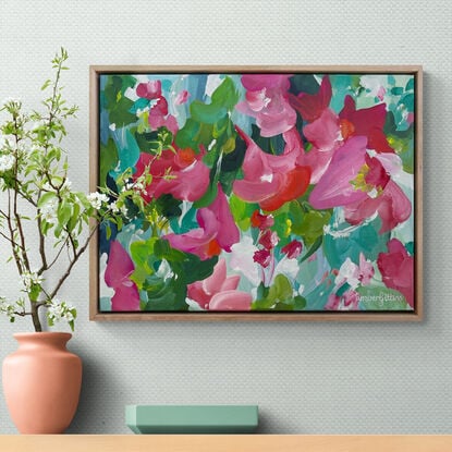 Framed abstract red and green flower garden original painting