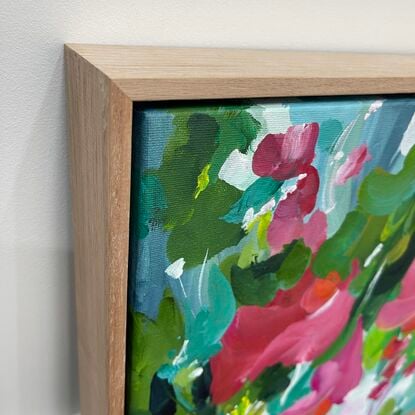 Framed abstract red and green flower garden original painting