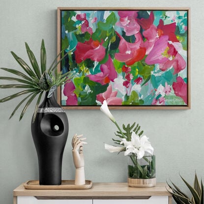 Framed abstract red and green flower garden original painting