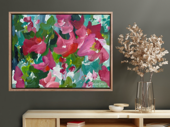 Framed abstract red and green flower garden original painting