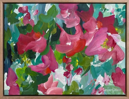 Framed abstract red and green flower garden original painting