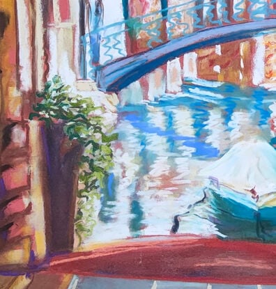 another Venetian canal as seen through an arched doorway, with light reflecting and the tranquil canal seemingly receiving some sunlight.