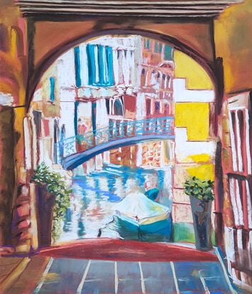 another Venetian canal as seen through an arched doorway, with light reflecting and the tranquil canal seemingly receiving some sunlight.