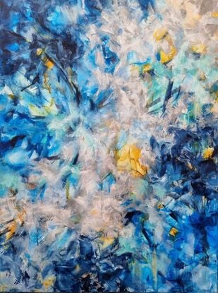 This is an abstract painting in various shades of blue and grey.   It's made of patches of colour ranging from dark to light.