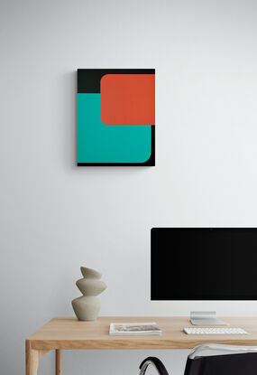 This artwork is a geometric abstract painting with a focus on clean, bold shapes and a vibrant, retro-inspired colour scheme. A large turquoise rectangle dominates the canvas, overlapping with a smaller, rounded orange rectangle in the top right corner. The shapes are set against a black background, with sharp edges contrasting the curved corners of the rectangles. The colour palette, featuring bright teal, orange, and black, evokes the feel of vintage VHS designs, creating a sense of nostalgia for analogue media and early digital aesthetics. The composition explores the interaction between solid shapes and flat colours, embodying simplicity while inviting deeper contemplation of space and form.