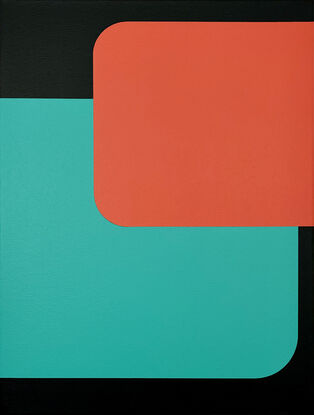 This artwork is a geometric abstract painting with a focus on clean, bold shapes and a vibrant, retro-inspired colour scheme. A large turquoise rectangle dominates the canvas, overlapping with a smaller, rounded orange rectangle in the top right corner. The shapes are set against a black background, with sharp edges contrasting the curved corners of the rectangles. The colour palette, featuring bright teal, orange, and black, evokes the feel of vintage VHS designs, creating a sense of nostalgia for analogue media and early digital aesthetics. The composition explores the interaction between solid shapes and flat colours, embodying simplicity while inviting deeper contemplation of space and form.