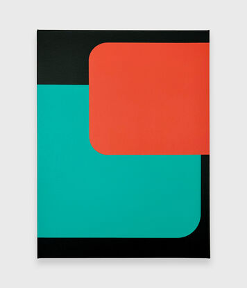 This artwork is a geometric abstract painting with a focus on clean, bold shapes and a vibrant, retro-inspired colour scheme. A large turquoise rectangle dominates the canvas, overlapping with a smaller, rounded orange rectangle in the top right corner. The shapes are set against a black background, with sharp edges contrasting the curved corners of the rectangles. The colour palette, featuring bright teal, orange, and black, evokes the feel of vintage VHS designs, creating a sense of nostalgia for analogue media and early digital aesthetics. The composition explores the interaction between solid shapes and flat colours, embodying simplicity while inviting deeper contemplation of space and form.