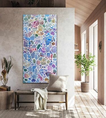 This final image of this original, contemporary, bright abstract painting is a visually captivating showcase of harmonious patterns and vibrant colors. Scattered across the canvas, bubble-like (or round, circles) shapes emerge against a pristine white background, each exhibiting unique shapes, colors, and intricate patterns. The diverse array of patterns encompasses pebbles, nets, seeds, petals, flowers, leaves, dots, lines, corals, and threads, creating a visually rich and engaging composition.
The color palette is extensive, featuring hues from the entire spectrum, including soft pinks, tender purples, aqua and cerulean blues, and olive greens, alongside yellows. The colours are mainly soft pastels but also include some bright and transparent tones. This unique modern abstract painting offers a vibrant and diverse visual experience, creating a dramatic statement piece and making it a striking addition to contemporary art collections.
It mainly reminds me of  the sea or ocean with its underwater aquatic coral reef life, but also evokes the image of a peaceful garden with its bright and pastel flowers.