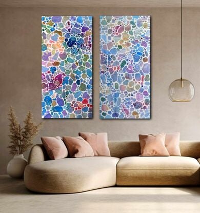 This final image of this original, contemporary, bright abstract painting is a visually captivating showcase of harmonious patterns and vibrant colors. Scattered across the canvas, bubble-like (or round, circles) shapes emerge against a pristine white background, each exhibiting unique shapes, colors, and intricate patterns. The diverse array of patterns encompasses pebbles, nets, seeds, petals, flowers, leaves, dots, lines, corals, and threads, creating a visually rich and engaging composition.
The color palette is extensive, featuring hues from the entire spectrum, including soft pinks, tender purples, aqua and cerulean blues, and olive greens, alongside yellows. The colours are mainly soft pastels but also include some bright and transparent tones. This unique modern abstract painting offers a vibrant and diverse visual experience, creating a dramatic statement piece and making it a striking addition to contemporary art collections.
It mainly reminds me of  the sea or ocean with its underwater aquatic coral reef life, but also evokes the image of a peaceful garden with its bright and pastel flowers.