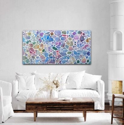 This final image of this original, contemporary, bright abstract painting is a visually captivating showcase of harmonious patterns and vibrant colors. Scattered across the canvas, bubble-like (or round, circles) shapes emerge against a pristine white background, each exhibiting unique shapes, colors, and intricate patterns. The diverse array of patterns encompasses pebbles, nets, seeds, petals, flowers, leaves, dots, lines, corals, and threads, creating a visually rich and engaging composition.
The color palette is extensive, featuring hues from the entire spectrum, including soft pinks, tender purples, aqua and cerulean blues, and olive greens, alongside yellows. The colours are mainly soft pastels but also include some bright and transparent tones. This unique modern abstract painting offers a vibrant and diverse visual experience, creating a dramatic statement piece and making it a striking addition to contemporary art collections.
It mainly reminds me of  the sea or ocean with its underwater aquatic coral reef life, but also evokes the image of a peaceful garden with its bright and pastel flowers.