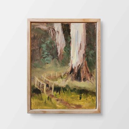 Oil painting of a large gum tree.