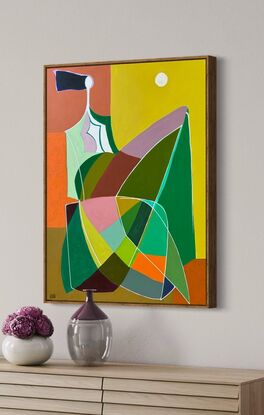 Abstract of female with a colorful dress and a full moon.