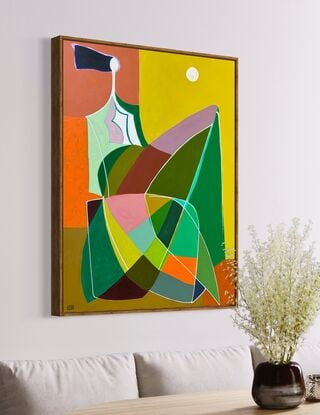 Abstract of female with a colorful dress and a full moon.