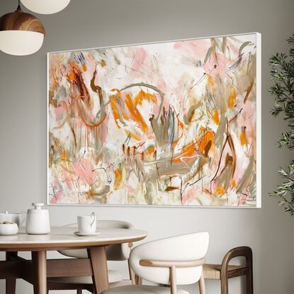 bold textured marks in orange, pink with areas of white and beige, terracotta and tan expressive marks across a large canvas