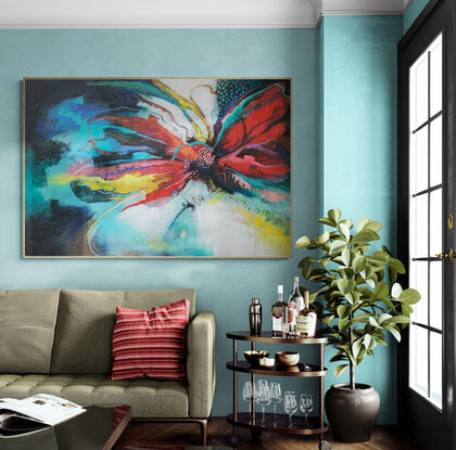 A dynamic flower work, full of energetic line and bright joyful colour.