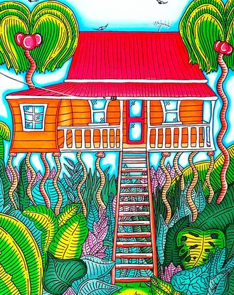 This artwork just oozes tropical vibes. Vibrant, bright and colourful, this piece is a quirky take on the iconic Queenslander home on stilts. Featuring long exaggerated entry stairs, an orange coloured home, stilts that seem to sway in the breeze and an abundance of lush green tropical plants and foliage, this painting is all about colour and fun. Blue skies and palm trees complete the look.
It would brighten any home or workplace and add the ultimate pop of colour and joy. 