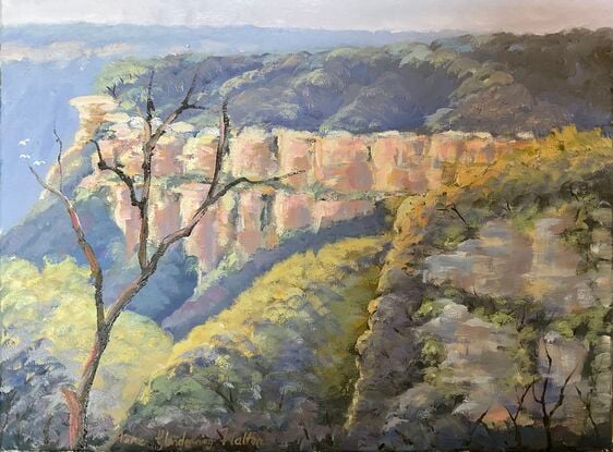 
A beautifully painted scene of the Blue Mountains showing generous textures in oil paint.